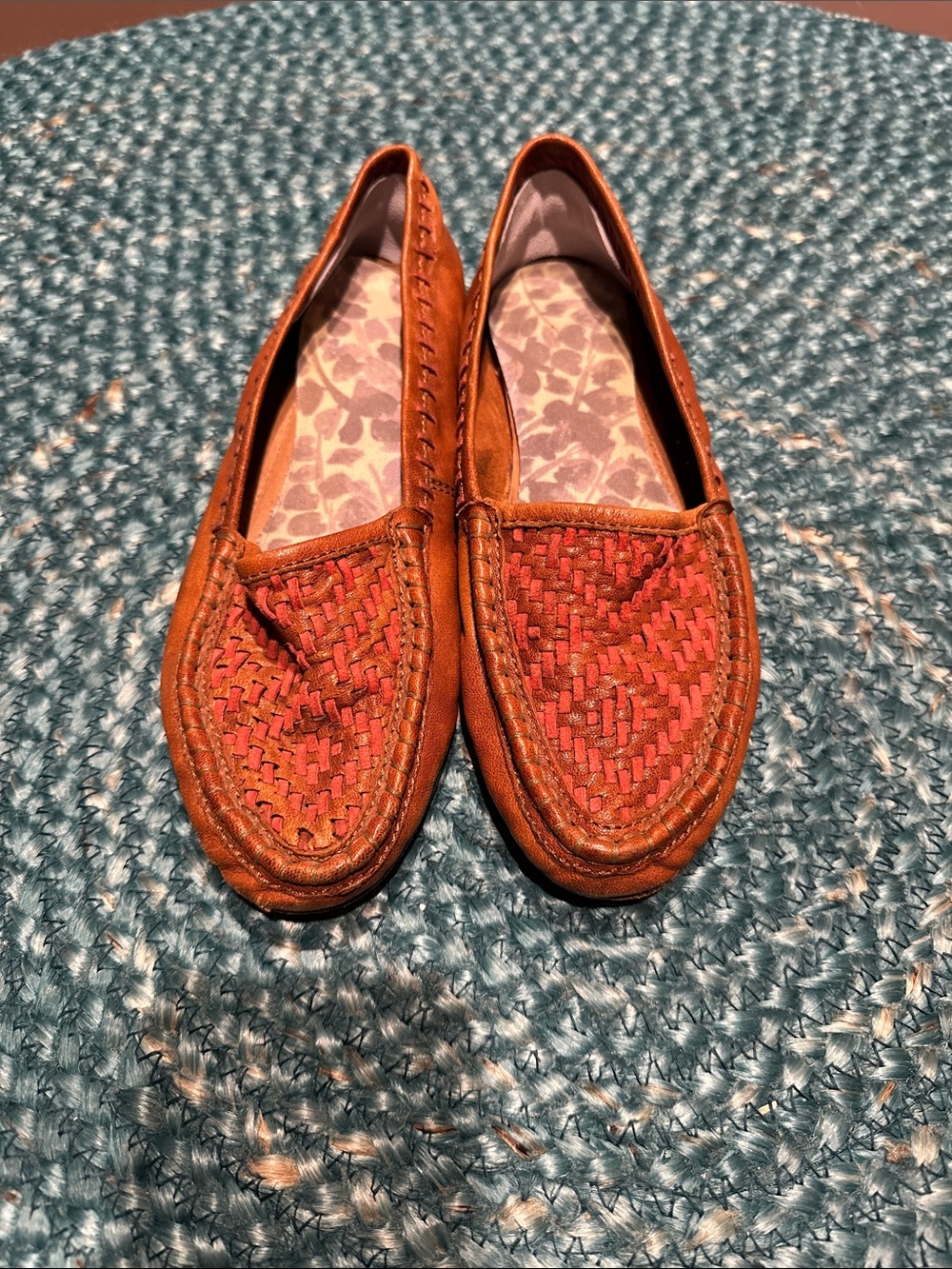 Joie Women's Woven Leather Slip-On Loafer Moccasins- Brown with Pink Accent